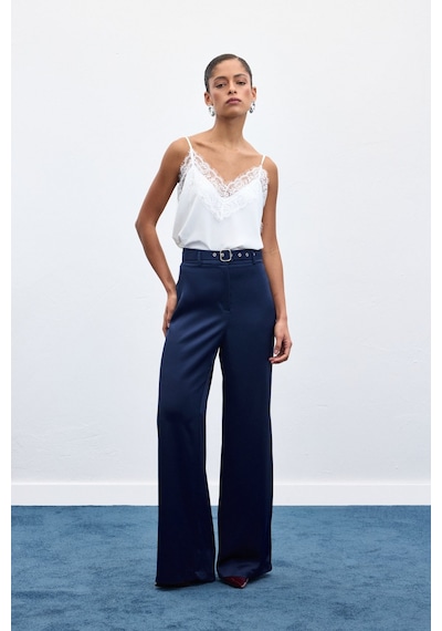 Sateen Kemer Detaylı Saten Pantolon - Lacivert-136950 Lacivert