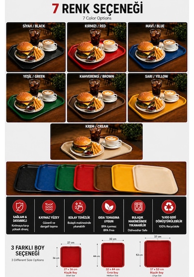 Abs Servis Tepsisi Kaymaz Yüzeyli 37x53 Cm Kırçıllı Bej Endüstriyel Kullanıma Uygun, Kırılmaz, Bpa Free 7 Renk Seçenekli