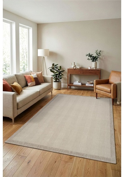 Leiva Home 6633 Krem Bej Bordür Çerçeveli Sisal Leke Tutmaz Makinede Yıkanabilir Kaymaz Halı