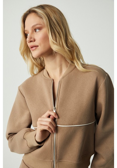 Grimelange Anyul Kadın Relaxed Bomber Yaka Vizon Sweatshirt Vizon