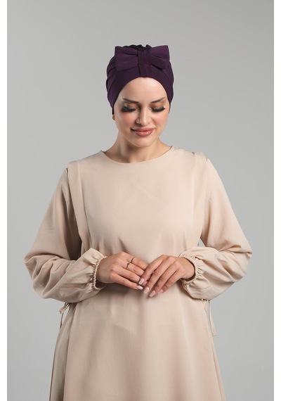 Hürrem Bone Mürdüm Pratik Hazır Geçmeli Fiyonklu Bone Sandy Çift Taraflı Çapraz 3007b 07 Mürdüm