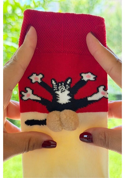 Lousocks Unisex Kırmızı Krem Renk Bloklu Kedi Desenli Ponpon Soket Çorap