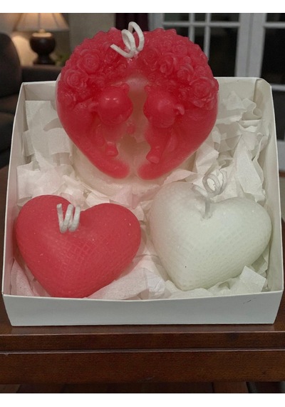 Romantik Kalp Mum Seti, 3'lü Dekoratif Mum, Sevgililer Günü Hediyesi Beyaz