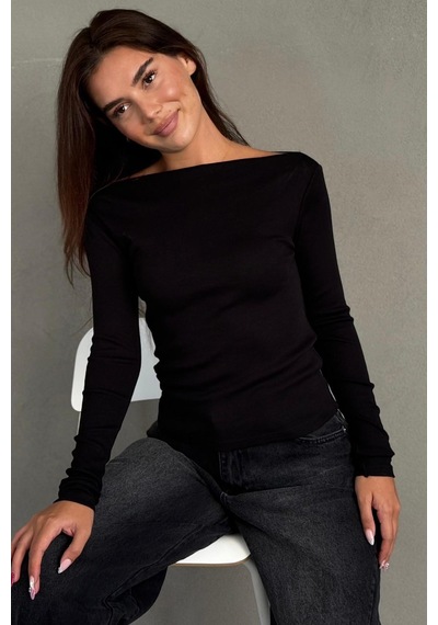 Madmext Siyah Kayık Yaka Fitilli Slim Fit Kadın Bluz Mg2909