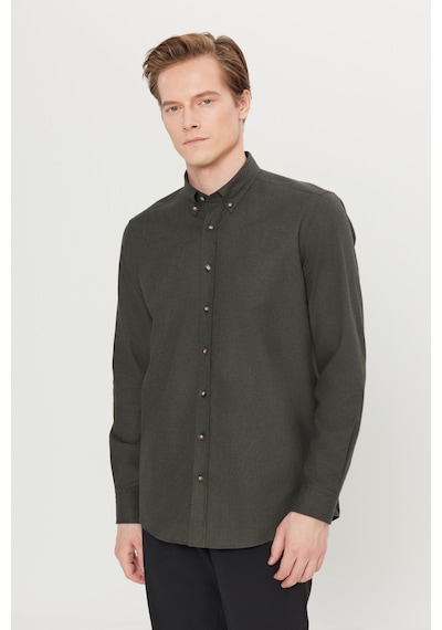 Altınyıldız Classıcs Erkek Hakı Pamuklu Slim Fit Dar Kesim Düğmeli Yaka Diagonal Desenli Flanel Gömlek Haki