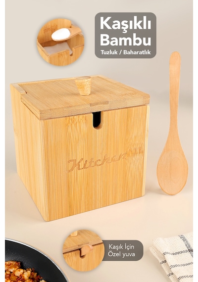 Kaşıklı Bambu Baharat Kutusu - Bambu Kapaklı Tuz Kabı Tuzluk Baharatlık Kutu 12x12 Cm Bej