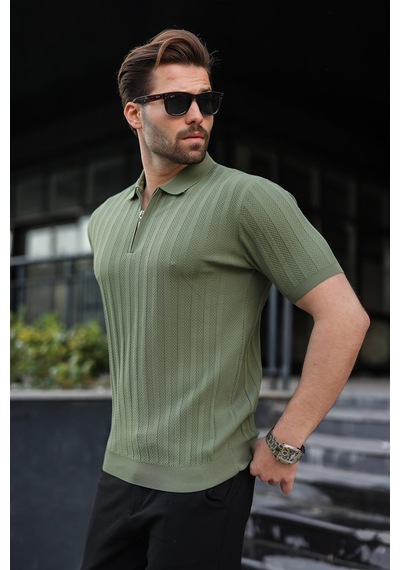 Madmext Haki Yarım Fermuarlı Polo Yaka Erkek Kazak E7458 Haki