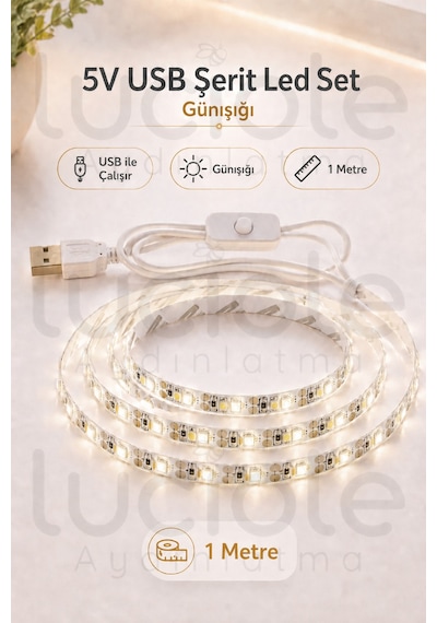 1 Metre 5v Usb Günışığı Şerit Led Aç Kapa Anahtarlı Mutfak Tv Masa Dolap Altı Işık