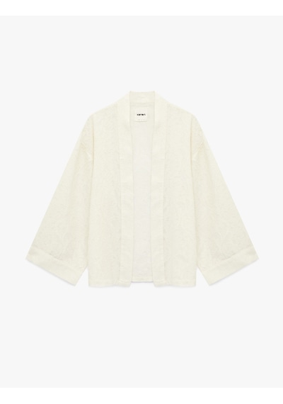 Koton Pamuklu Uzun Kollu Floral Dokulu Oversize Kimono Ceket Ekru 6sak50012pw