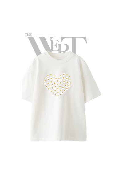 Thewert Papatya Kalp Tasarım Baskılı Ünisex Beyaz Oversize T-shirt