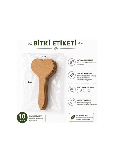 Arliadesign Kişiye Özel Ahşap Bitki Etiketi 10'lu Set / Kalp Şekilli 3 Mm Ham Mdf Saksı Mini Bahçe Etiketi