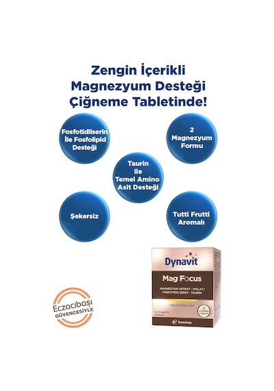 Dynavit Mag Focus 15 Çiğneme Tab - Magnezyum Malat & Sitrat, Fosfotidilserin, B6 & B12 Vitamini -