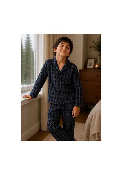 Free Beka Ekose Desenli Baba Oğul Uzun Kollu Gömlek Yaka Düğmeli Erkek Pijama Takımı Gri