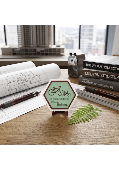 Canım Babam Temalı İlk Yol Arkadaşım Bisiklet Desenli Modern Masaüstü Dekoratif Obje Hediye 10x10 Cm, Açık Yeşil