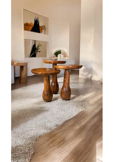 Doğal Masif Ahşap Mantar Sehpa 3 Lü Set Açık Ceviz Renk