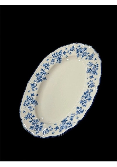 Acar Vintage Garden Mavi Çiçek Desenli Beyaz Porselen Oval Tabak 25x18 Cm Çok Renkli