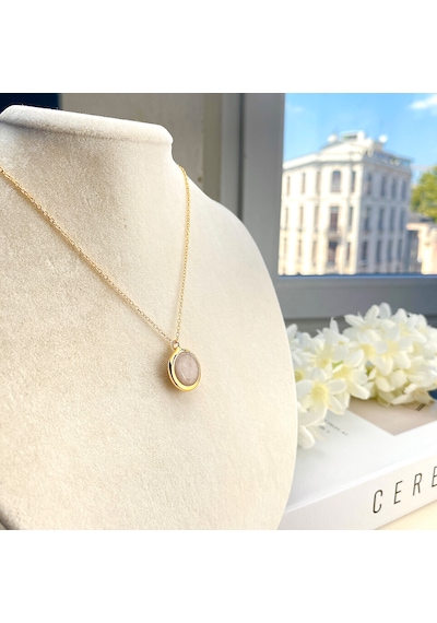 Doğaltaş Kolye Ay Taşı Kolye Kaplama Çerçeveli Gold 45cm Gold
