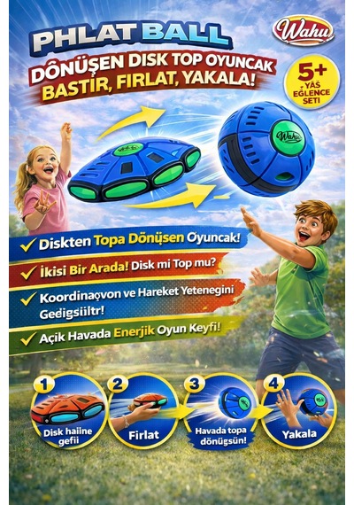 Phlat Ball Dönüşen Disk Top Oyuncak Bastır Fırlat Yakala Eğlence Seti - Mavi