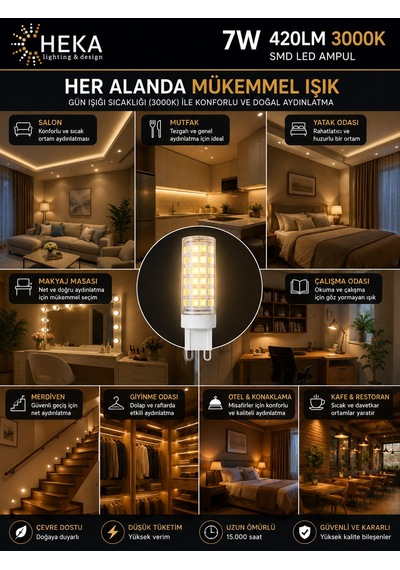 1 Adet Heka 7w Günışığı 3000k G9 Duylu Dim Edilebilir Led Kapsül Ampul