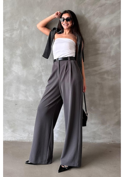 Madmext Füme Çift Pileli Kemerli Pantolon Mg2330 Füme