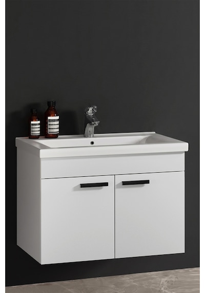 Çiğdem Kulplu 80 Cm Beyaz Mdf Seramik Lavabolu Asma Banyo Alt Dolabı