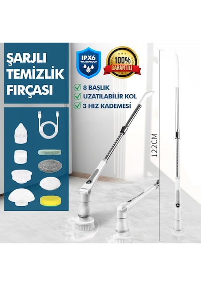 Kablosuz Şarjlı Temizlik Fırçası 8 Başlıklı 3 Kademe Hız Ayarlı Teleskopik Çok Amaçlı Ev Cihazı