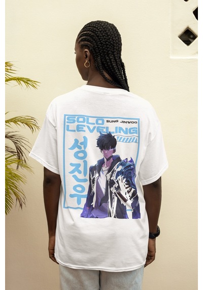 Solo Leveling Sung Jinwoo Sırt Baskılı Unisex Oversize Anime Tişö Beyaz