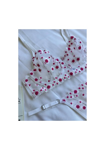 Brem Ekru Pembe Çiçekli Balenli Bralet Takım