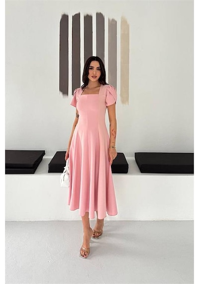 Neşeli Butik Kadın Pembe Kare Yaka Balon Kol Midi Boy Elbise Nbk4550 Pembe