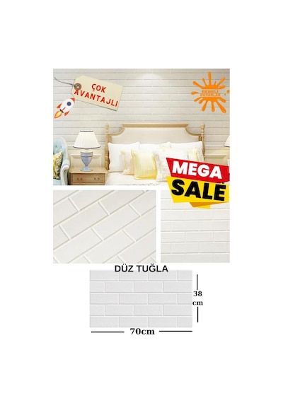 Beyaz Ekru Düz Tuğla Kendinden Yapışkanlı Esnek Silinebilir Duvar Paneli Kağıdı 1 Adet 70x38cm Nw63