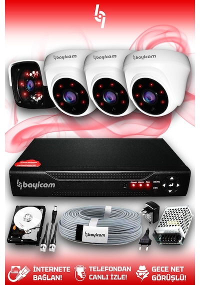 Bayicam 4 Kameralı Panda 3 İç Kamera Set 320 GB HDD Full HD Gece Görüşlü Güvenlik Kamerası Sistemi