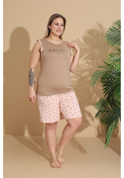 Eyfuze Kadın Milan Kumaş Büyük Beden Curve Baskılı Desenli Şortlu Pijama Takımı Bej