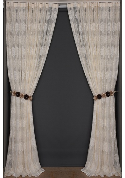 Çerçeveli Damaks Krem Hazır Dikilmiş Pileli Fon Perde 300x260 Cm