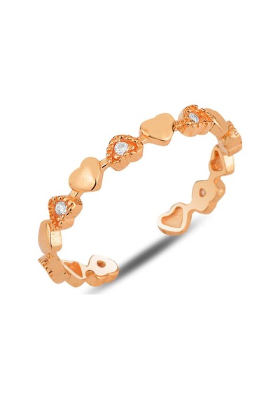 Gümüş Rose Zirkon Taşlı Birleşen Kalpler Ayarlamalı Yüzük Barcode Rose