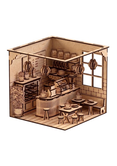 Coffee Shop Ahşap Maket Seti Dıy Miniatür Kafe Peri Led Hediye 214 Parça