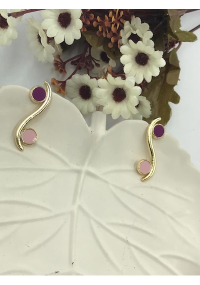 Aren Bijuteri Kadın Pembe Mor Daire Detaylı Gold Küpe Pembe - Mor
