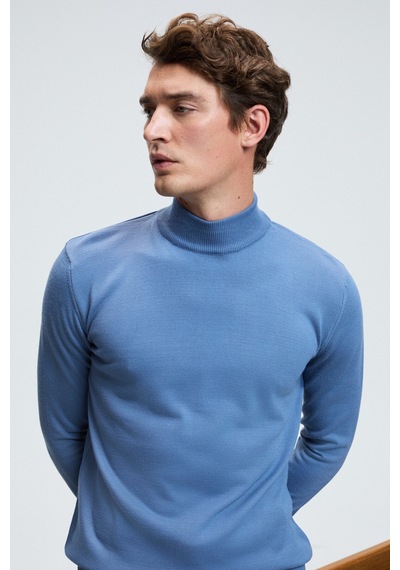 Grimelange REBEL Erkek Yarım Balıkçı Yaka Basic Slim Fit Triko Mavi Kazak