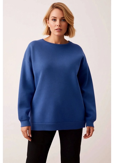Benerly Kadın Bisiklet Yaka Düşük Kol Oversize Kalıp Sweatshirt Fonksiyon Indigo