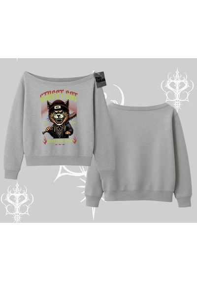 Startmore Street Cat Kedi Baskılı Kayık Yaka Sweatshirt Gri