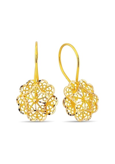 Çgk Çiğdem Gürel Kuyumculuk 14 Ayar Altın Gül Model İşlemeli Sallantılı Küpe Gold