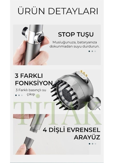 Yeni Masajlı Filtreli Stop Tuşlu 3 Fonksiyonlu Duş Başlığı - Duş Hortumu - Yapışkanlı Duş Askısı Set Diğer