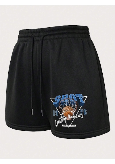 Basketball & Letter Graphic Drawstring Waist Şort Siyah