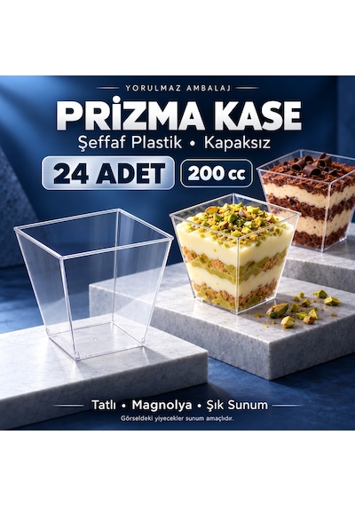 Prizma Kase 200 Cc 24 Lü Kapaksız Şeffaf Plastik Kare Tatlı, Magnolya Ve Puding Sunum Kabı