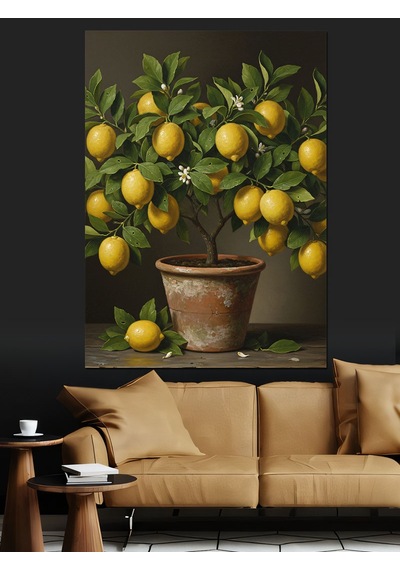 Ahşap Tablo Limon Ağacı Saksı Meyveler