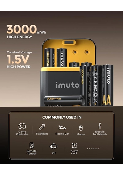 Imuto 3000mwh Aa & 1300mwh Aaa Lityum Şarjlı Pil Seti 4+4 Yuvalı Şarj Ünitesi