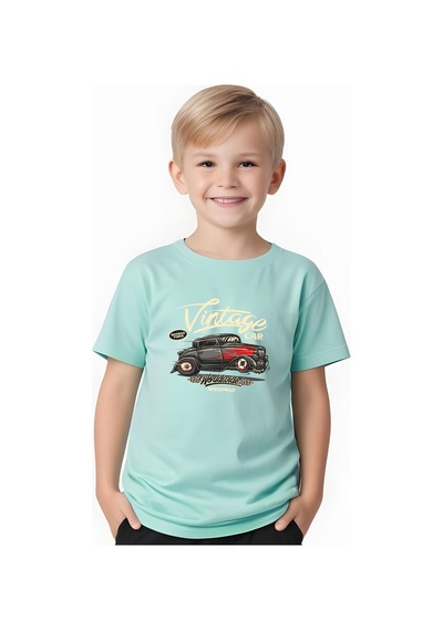 Fyk Kids Erkek Çocuk Yuvarlak Yaka İntage Car Baskılı T-shirt Mint Yeşil