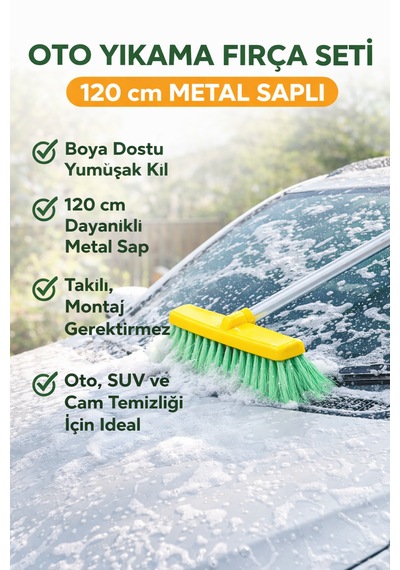 120 Cm Uzun Saplı Oto Yıkama Fırçası - 9,5 Cm Yumuşak Kıllı Çizmez Yapı