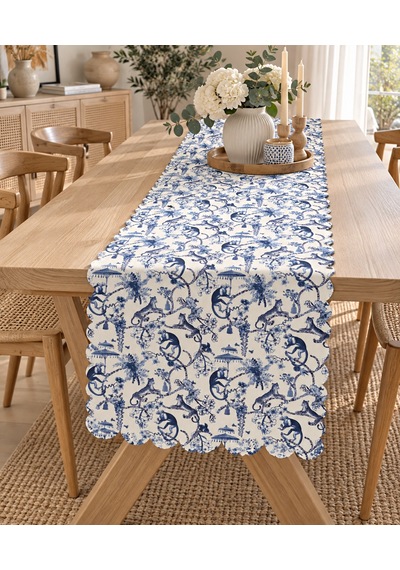Pamuklu Dijital Baskı Runner Mutfak Salon Mavi Desenli 40x140