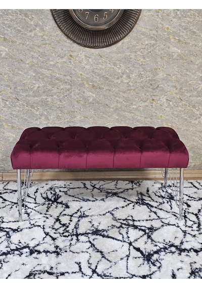 Zafir Krom Tel Ayaklı 90 Cm Puf Bench - Puf - Bench - Kasalı Oturak - Oturak - Yatak Ucu Puf Bordo