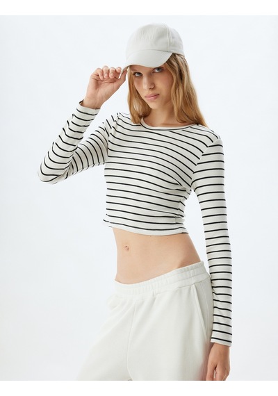 Koton Çizgili Crop Tişört Uzun Kollu Bisiklet Yaka Slim Fit Multıcolor 5wal10355ık Mavi